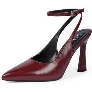 Women Z Burgundy Pumps Stiletto Wedding Dress Closed Toe Ankle Strap Heel Shoes